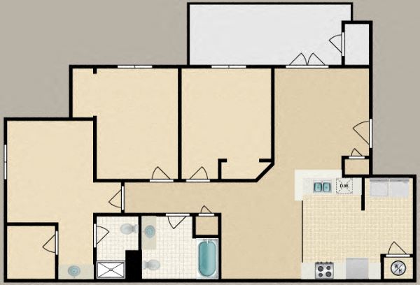 Floor plan for 3 beds, 2 baths, 1173 sqft